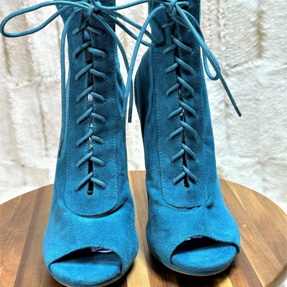 * So Me Teal Lace Up High Heel Ankle Boots - Picture 7 of 9